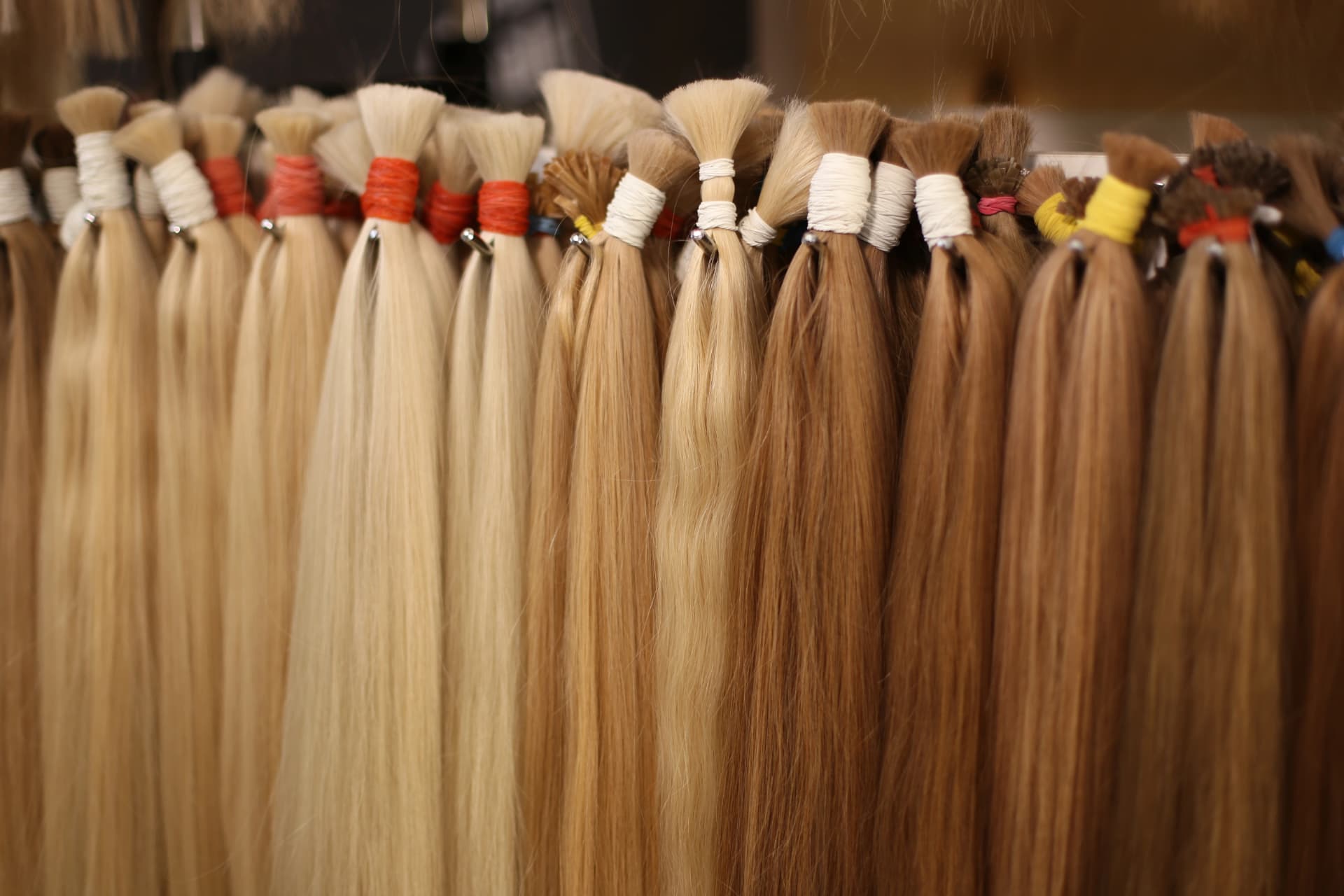 RemyPatra colour bundles from a single batch hung in a row for shade reference